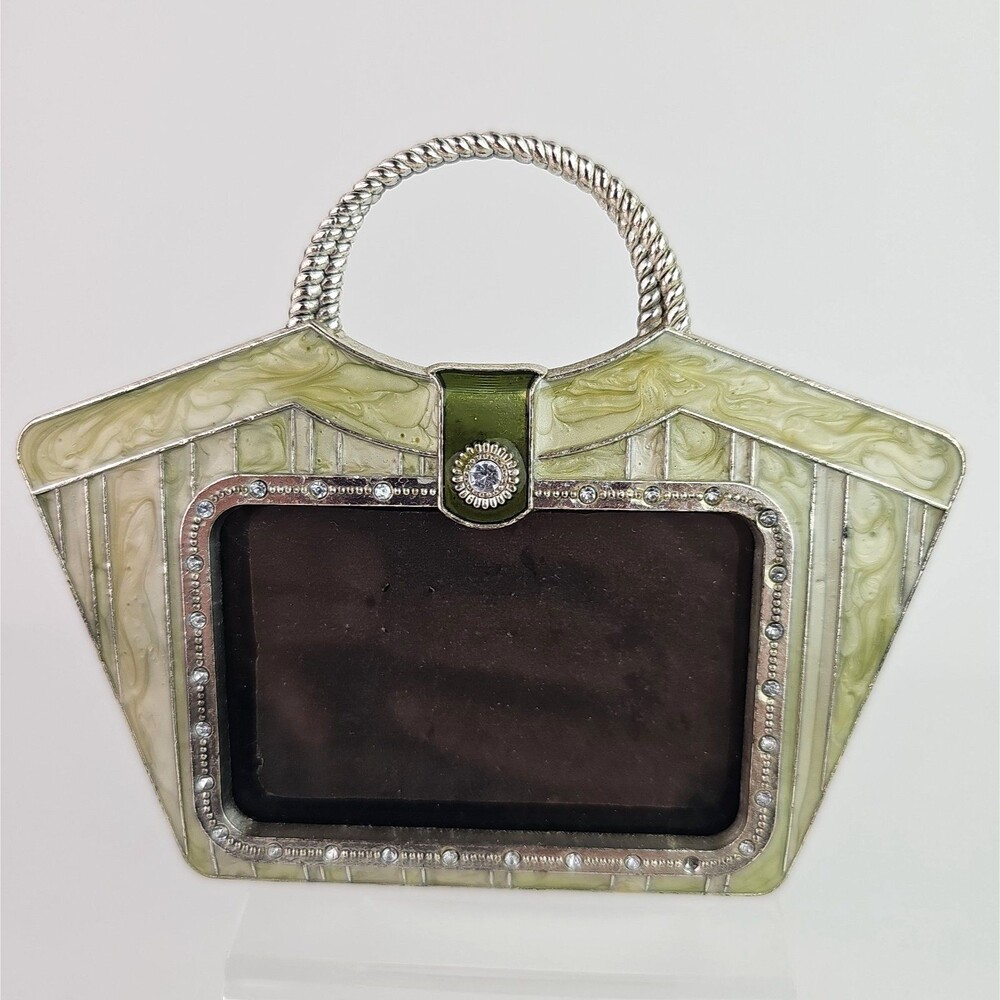 Bejeweled Green Enameled Mini Handbag Purse Shaped Picture Frame 2in X 3in